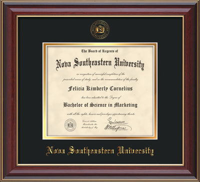 Image of Nova Southeastern University Diploma Frame - Cherry Lacquer - w/Embossed NSU Seal & Name - Black on Gold mat