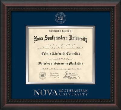 Image of Nova Southeastern University Diploma Frame - Mahogany Braid - w/Silver Embossed NSU Seal & Wordmark - Navy on Silver mat
