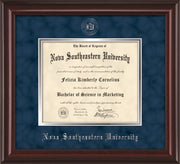 Image of Nova Southeastern University Diploma Frame - Mahogany Lacquer - w/Silver Embossed NSU Seal & Name - Navy Suede on Silver mat