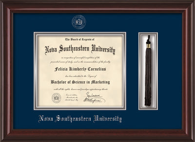 Image of Nova Southeastern University Diploma Frame - Mahogany Lacquer - w/Silver Embossed NSU Seal & Name - Tassel Holder - Navy on Silver mat