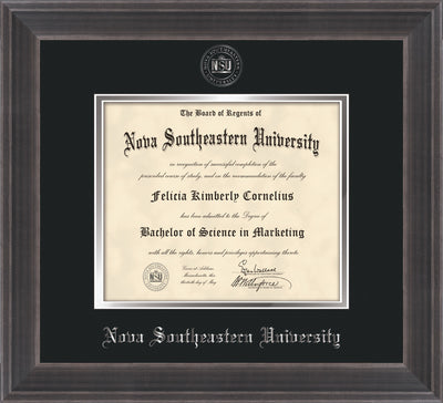 Image of Nova Southeastern University Diploma Frame - Metro Antique Pewter Double - w/Silver Embossed NSU Seal & Name - Black on Silver mat