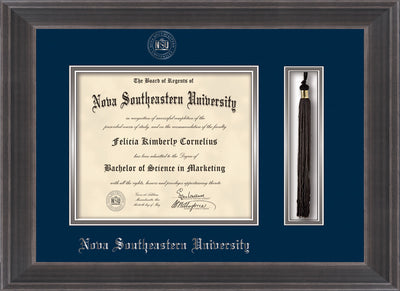 Image of Nova Southeastern University Diploma Frame - Metro Antique Pewter Double - w/Silver Embossed NSU Seal & Name - Tassel Holder - Navy on Silver mat