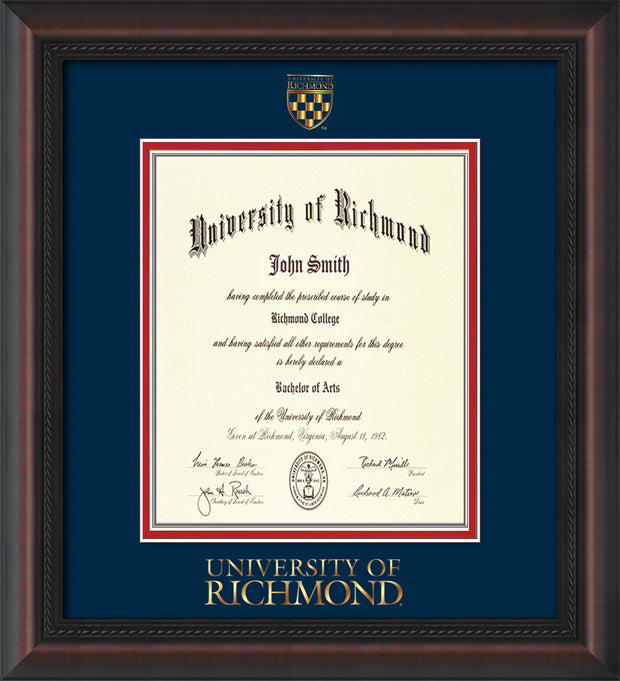 Image of University of Richmond Diploma Frame - Mahogany Braid - w/Embossed Seal & Wordmark - Navy on Red mats - LAW