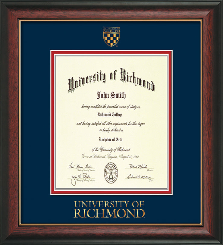 Image of University of Richmond Diploma Frame - Rosewood w/Gold Lip - w/Embossed Seal & Wordmark - Navy on Red mats - LAW