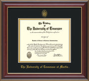 Image of University of Tennessee Martin Diploma Frame - Cherry Lacquer - w/UT Embossed Seal & UT Martin Name - Black on Gold Mat