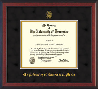 Image of University of Tennessee Martin Diploma Frame - Cherry Reverse - w/UT Embossed Seal & UT Martin Name - Black Suede on Gold Mat