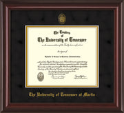 Image of University of Tennessee Martin Diploma Frame - Mahogany Lacquer - w/UT Embossed Seal & UT Martin Name - Black Suede on Gold Mat