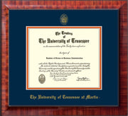 Image of University of Tennessee Martin Diploma Frame - Mezzo Gloss - w/UT Embossed Seal & UT Martin Name - Navy on Orange Mat
