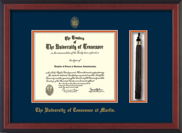 Image of University of Tennessee Martin Diploma Frame - Cherry Reverse - w/UT Embossed Seal & UT Martin Name - Tassel Holder - Navy on Orange Mat