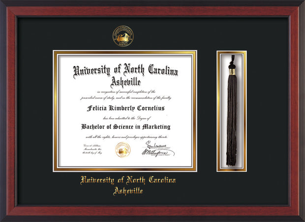 Image of University of North Carolina Asheville Diploma Frame - Cherry Reverse - w/Embossed UNCA Seal & Name - Tassel Holder - Black on Gold mat