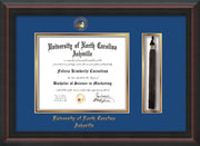 Image of University of North Carolina Asheville Diploma Frame - Mahogany Braid - w/Embossed UNCA Seal & Name - Tassel Holder - Royal Blue on Gold mat