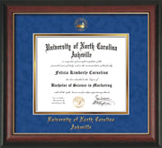 Image of University of North Carolina Asheville Diploma Frame - Rosewood w/Gold Lip - w/Embossed UNCA Seal & Name - Royal Blue Suede on Gold mat