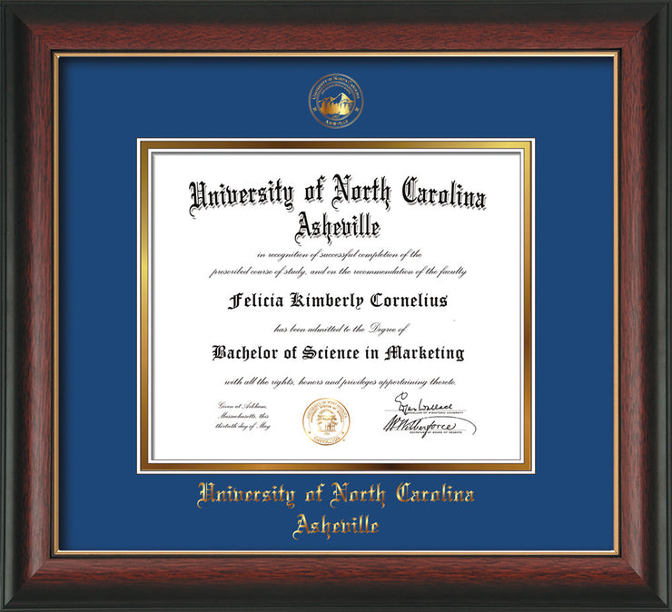 Image of University of North Carolina Asheville Diploma Frame - Rosewood w/Gold Lip - w/Embossed UNCA Seal & Name - Royal Blue on Gold mat