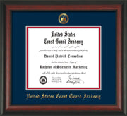 Image of United States Coast Guard Academy Diploma Frame - Rosewood - w/USCGA Embossed Seal & Name - Navy on Red mat