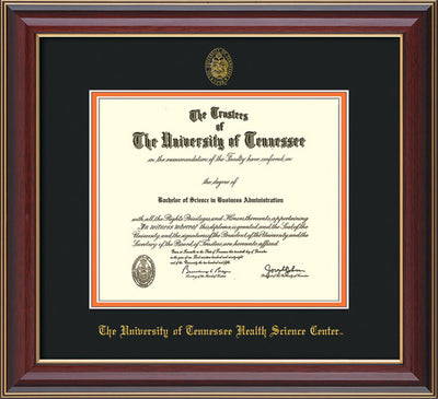 Image of University of Tennessee Health Science Center Diploma Frame - Cherry Lacquer - w/UT Embossed Seal & UTHSC Name - Black on Orange Mat