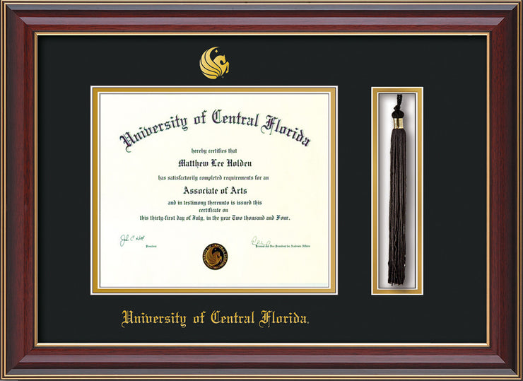Image of University of Central Florida Diploma Frame - Cherry Lacquer - w/Embossed UCF Seal & Name - Tassel Holder - Black on Gold mat