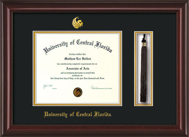 Image of University of Central Florida Diploma Frame - Mahogany Lacquer - w/Embossed UCF Seal & Name - Tassel Holder - Black on Gold mat