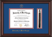 Image of University of West Georgia Diploma Frame - Mahogany Lacquer - w/UWG Embossed Seal & Name - Tassel Holder - Royal Blue on Crimson mat