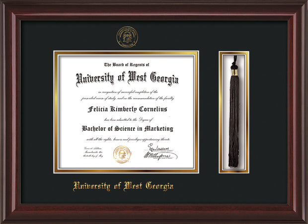 Image of University of West Georgia Diploma Frame - Mahogany Lacquer - w/UWG Embossed Seal & Name - Tassel Holder - Black on Gold mat