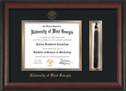 Image of University of West Georgia Diploma Frame - Rosewood - w/UWG Embossed Seal & Name - Tassel Holder - Black on Gold mat