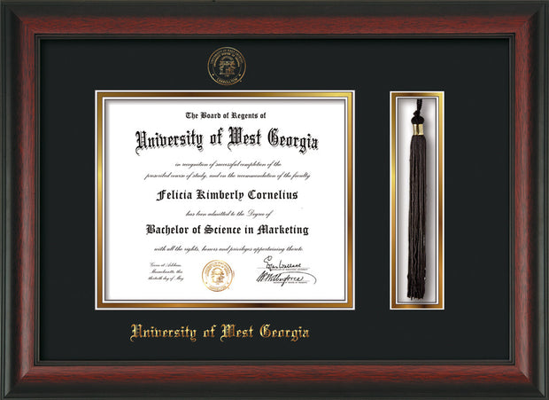 Image of University of West Georgia Diploma Frame - Rosewood - w/UWG Embossed Seal & Name - Tassel Holder - Black on Gold mat