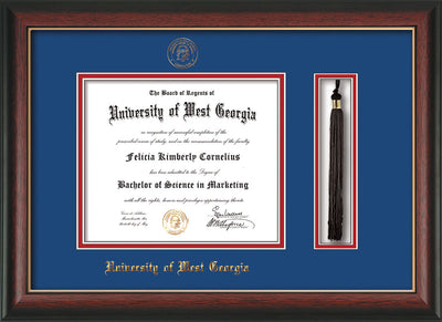 Image of University of West Georgia Diploma Frame - Rosewood w/Gold Lip - w/UWG Embossed Seal & Name - Tassel Holder - Royal Blue on Crimson mat