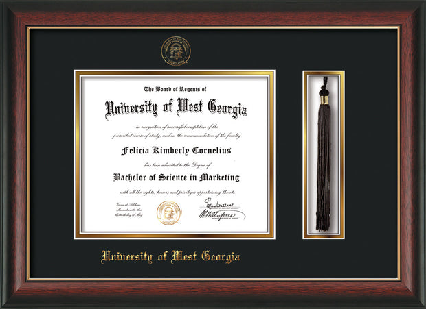 Image of University of West Georgia Diploma Frame - Rosewood w/Gold Lip - w/UWG Embossed Seal & Name - Tassel Holder - Black on Gold mat