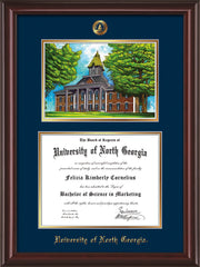 Image of University of North Georgia Diploma Frame - Mahogany Lacquer - w/Embossed UNG Seal & Name - Campus Watercolor - Navy on Gold mat