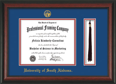 Image of University of South Alabama Diploma Frame - Rosewood - w/USA Embossed Seal & Name - Tassel Holder - Royal Blue on Crimson mats