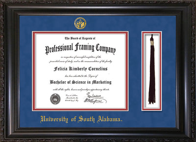 Image of University of South Alabama Diploma Frame - Vintage Black Scoop - w/USA Embossed Seal & Name - Tassel Holder - Royal Blue Suede on Crimson mats