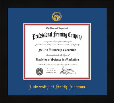 Image of University of South Alabama Diploma Frame - Flat Matte Black - w/USA Embossed Seal & Name - Royal Blue on Crimson mats