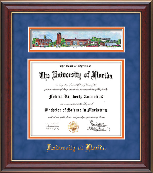 Image of University of Florida Diploma Frame - Cherry Lacquer - w/Embossed School Name Only - Campus Collage - Royal Blue Suede on Orange mat