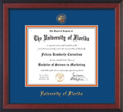 Image of University of Florida Diploma Frame - Cherry Reverse - w/Embossed Seal & Name - Royal Blue on Orange mat