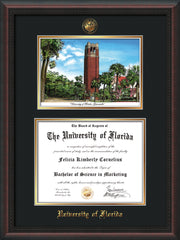 Image of University of Florida Diploma Frame - Mahogany Braid - w/Embossed Seal & Name - Watercolor - Black on Gold mat