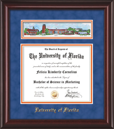 Image of University of Florida Diploma Frame - Mahogany Lacquer - w/Embossed School Name Only - Campus Collage - Royal Blue Suede on Orange mat