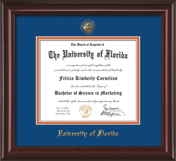 Image of University of Florida Diploma Frame - Mahogany Lacquer - w/Embossed Seal & Name - Royal Blue on Orange mat
