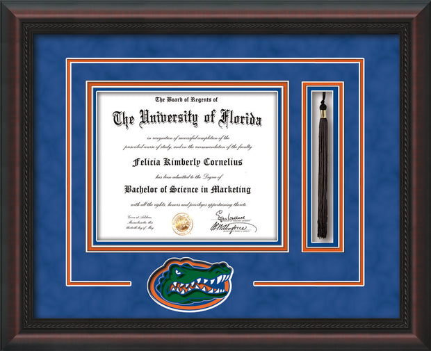 Image of University of Florida Diploma Frame - Mahogany Braid - 3D Laser UF Gator Head Logo Cutout - Tassel Holder - Royal Blue Suede on Orange on Royal Blue mat