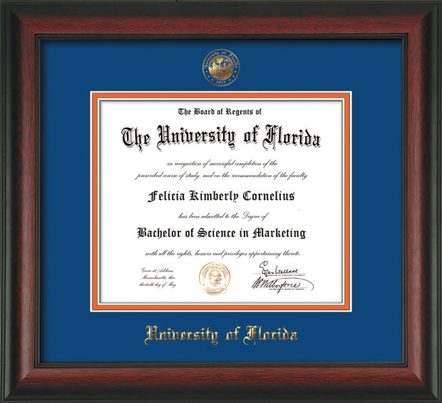 Image of University of Florida Diploma Frame - Rosewood - w/Embossed Seal & Name - Royal Blue on Orange mat