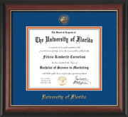 Image of University of Florida Diploma Frame - Rosewood w/Gold Lip - w/Embossed Seal & Name - Royal Blue on Orange mat