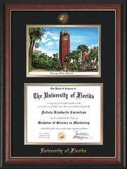 Image of University of Florida Diploma Frame - Rosewood w/Gold Lip - w/Embossed Seal & Name - Watercolor - Black on Gold mat