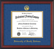 Image of University of South Alabama Diploma Frame - Cherry Reverse - w/USA Embossed Seal & Name - Royal Blue Suede on Gold mats