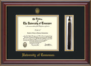 Image of University of Tennessee Diploma Frame - Cherry Lacquer - w/Embossed UTK Seal & Name - Tassel Holder - Black on Gold Mat