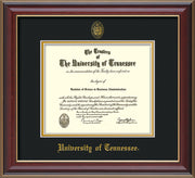 Image of University of Tennessee Diploma Frame - Cherry Lacquer - w/Embossed UTK Seal & Name - Black on Gold Mat