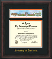 Image of University of Tennessee Diploma Frame - Mahogany Braid - w/Embossed UTK School Name Only - Campus Collage - Black on Orange mat