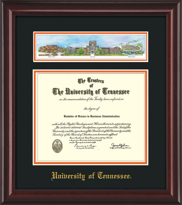 Image of University of Tennessee Diploma Frame - Mahogany Lacquer - w/Embossed UTK School Name Only - Campus Collage - Black on Orange mat