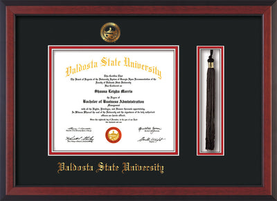 Image of Valdosta State University Diploma Frame - Cherry Reverse - w/Embossed Seal & Name - Tassel Holder - Black on Red mats