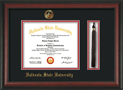 Image of Valdosta State University Diploma Frame - Rosewood - w/Embossed Seal & Name - Tassel Holder - Black on Red mats