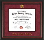 Image of Western Kentucky University Diploma Frame - Rosewood - w/24k Gold-Plated Medallion & Wood Stained Fillet - w/WKU Name Embossing - Garnet Suede mat