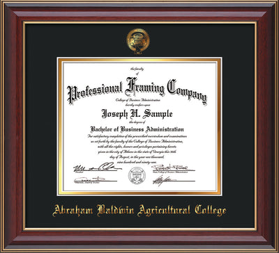 Image of Abraham Baldwin Agricultural College Diploma Frame - Cherry Lacquer - w/Embossed ABAC Seal & Name - Black on Gold mat