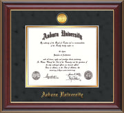 This is the Auburn University Diploma Frame - Cherry Lacquer - w/24k Gold-plated Medallion - Black Suede on Gold mat